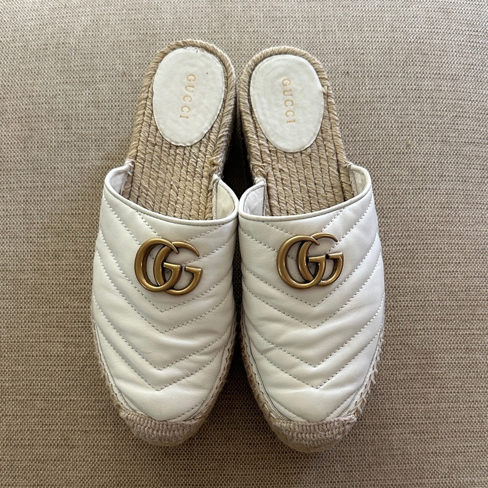 GUCCI platform Charlotte Matelasse gold GG logo espadrille jute mule - Picture 2 of 9